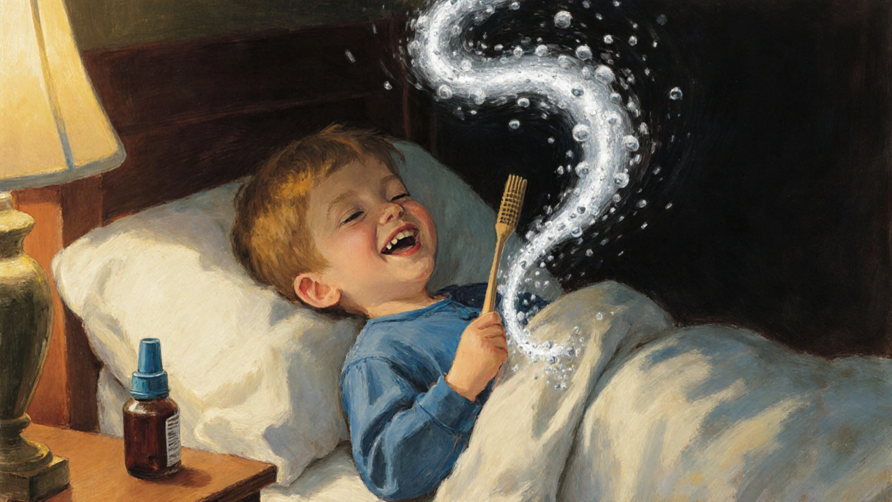 A child in bed with silvery mucus flowing from his lungs, guided by tiny cilia, under warm lamplight.