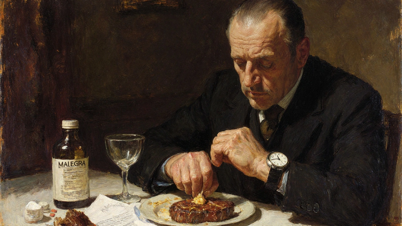 A man at dinner, checking his watch with concern as a Malegra pill rests beside his meal.