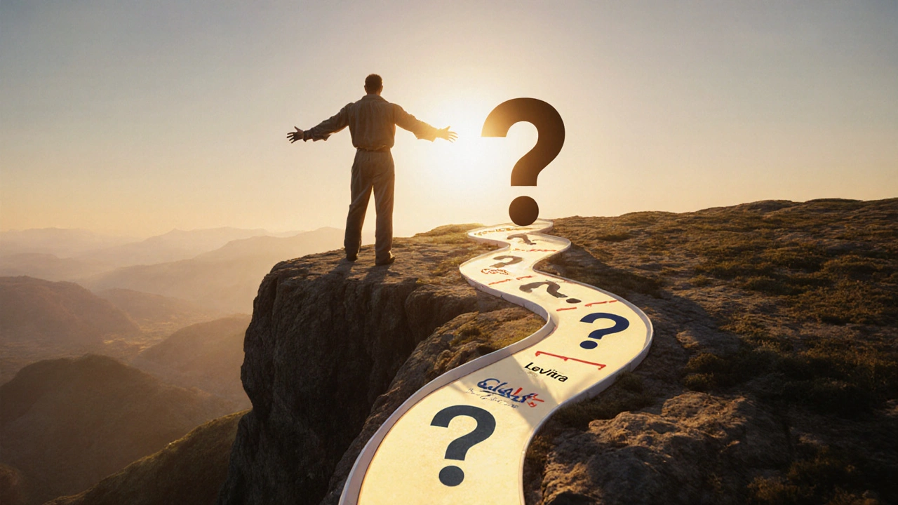 A man on a cliff facing dawn, four glowing paths below representing different ED treatment options.