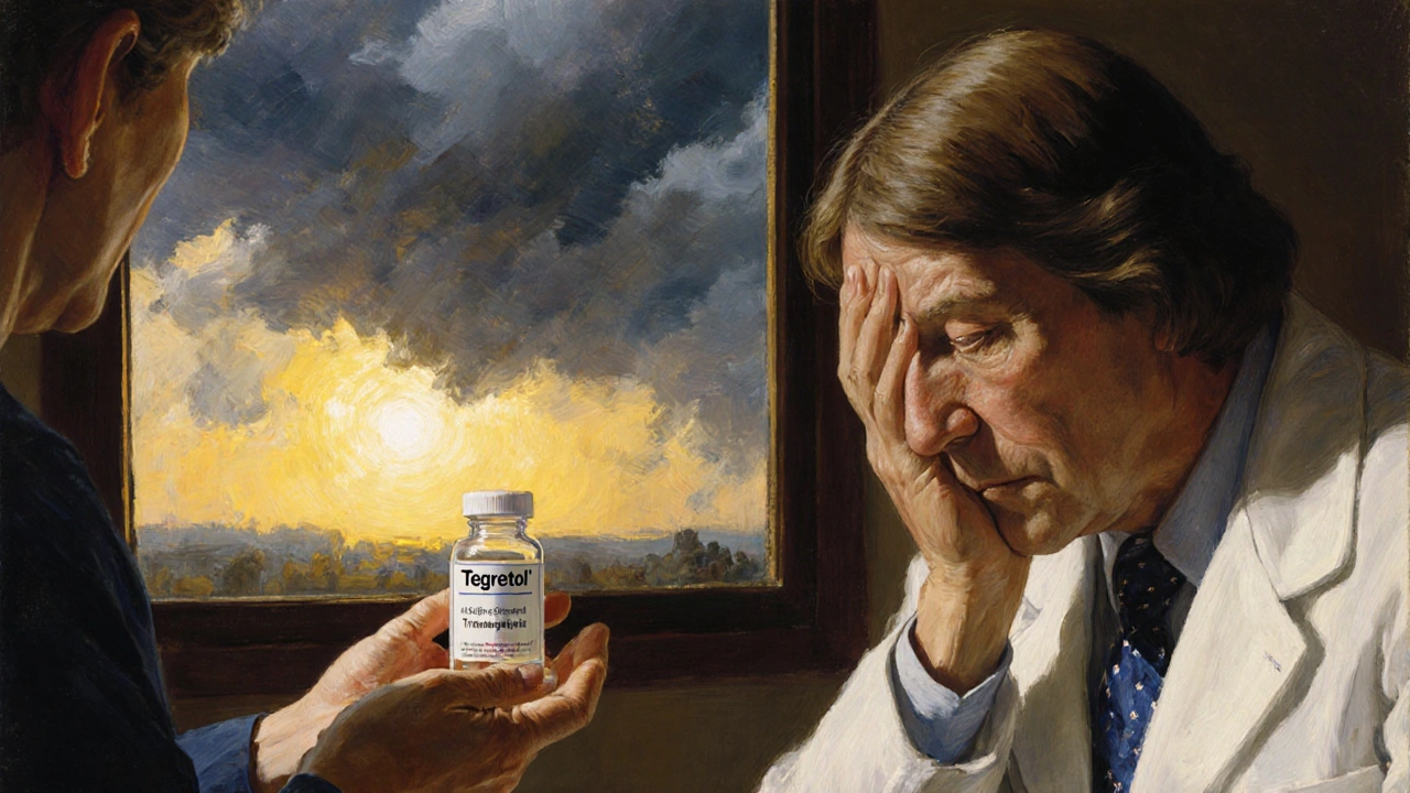 A patient clutches their face in relief as a doctor offers a pill, sunlight breaking through a window after years of pain.