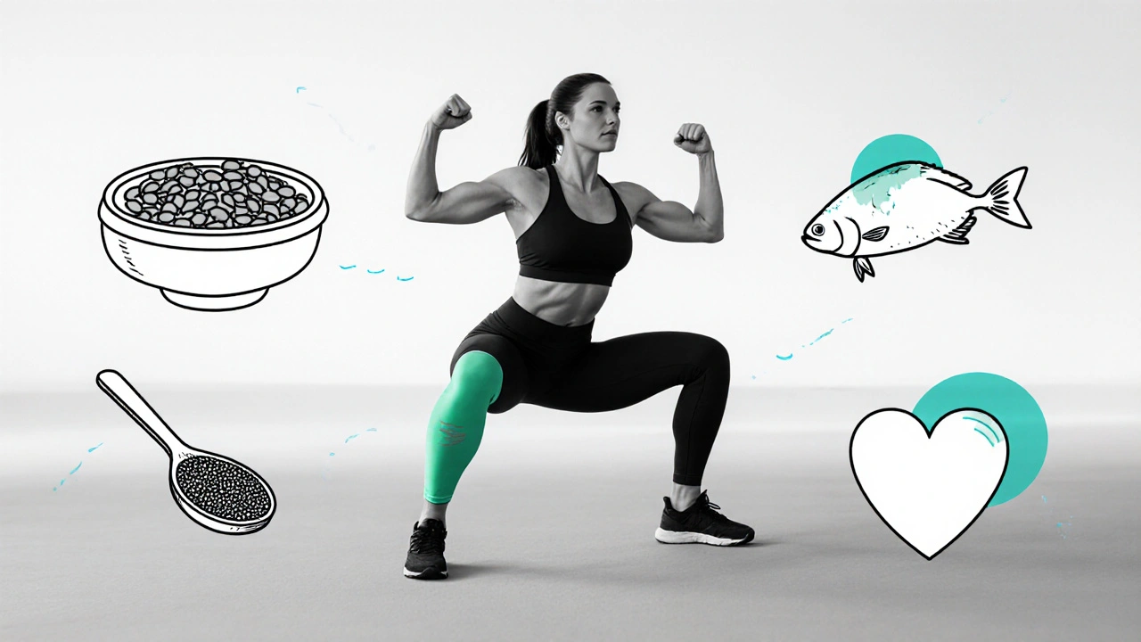 Active woman exercising, surrounded by soy, flaxseed, fish, and heart icons in green.