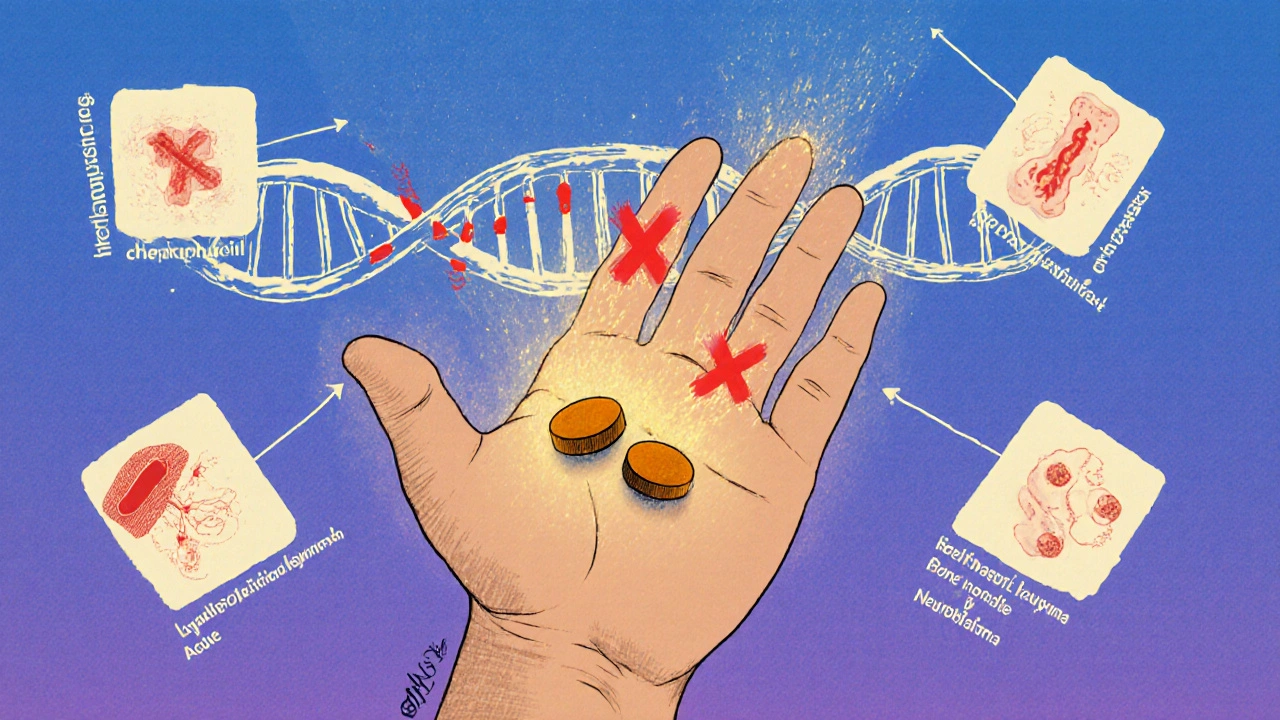 Child holding chlorambucil tablets with DNA strands highlighted.