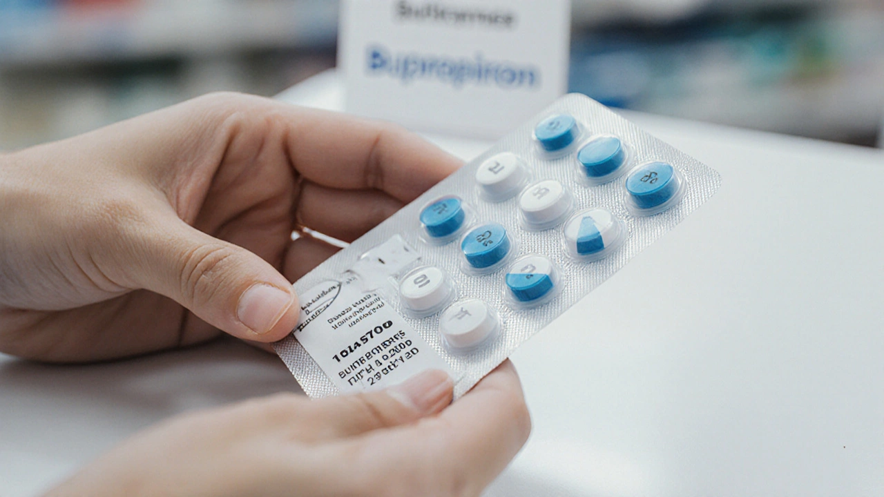 Close‑up of hand inspecting a sealed blister pack of generic bupropion tablets.