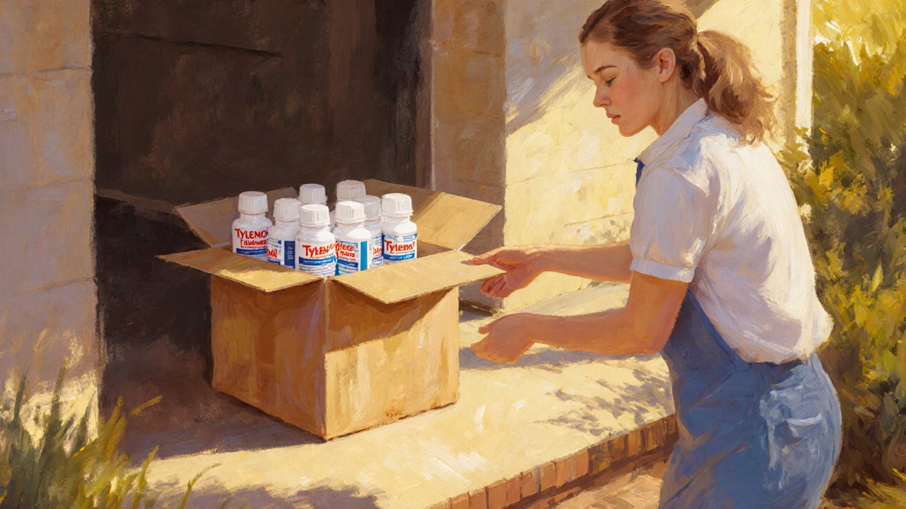 Courier handing a box of generic Tylenol tablets to a smiling homeowner.