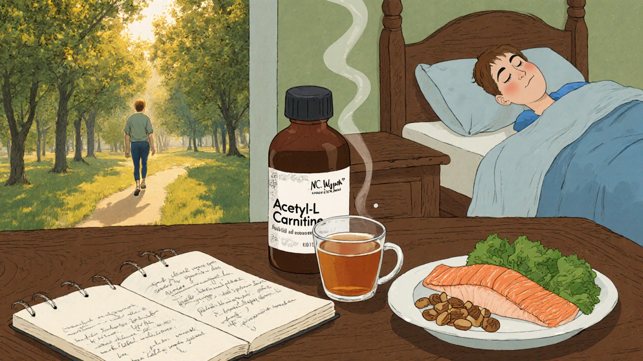 Cozy home scene of walking, healthy meal, sleep, journal, and ALC supplement bottle.