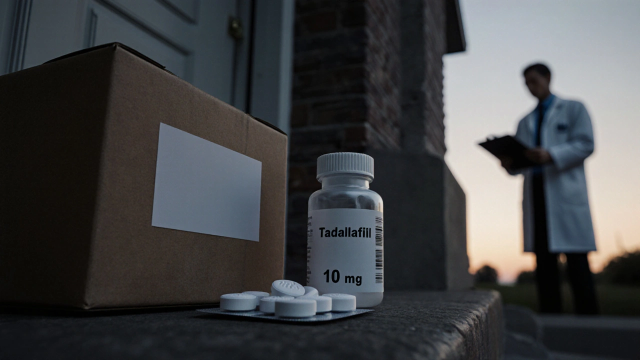 Discreet delivery box and open generic Cialis bottle with a doctor silhouette nearby.