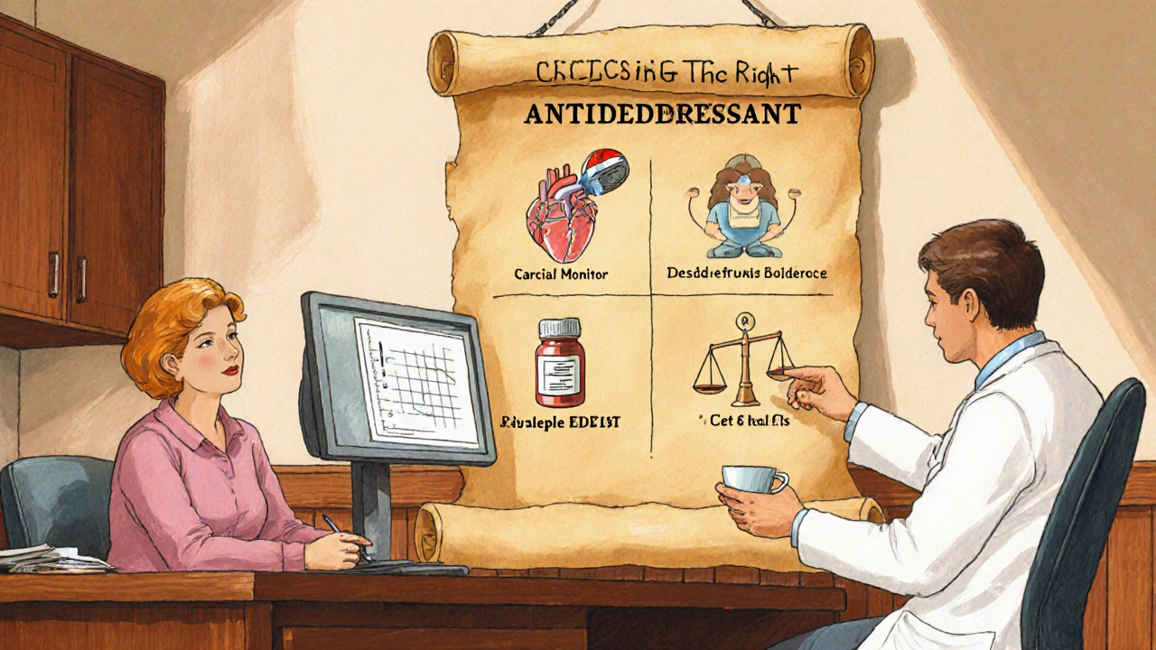 Doctor and patient discuss antidepressant choices, with icons for heart monitor, pills, and lifestyle factors.