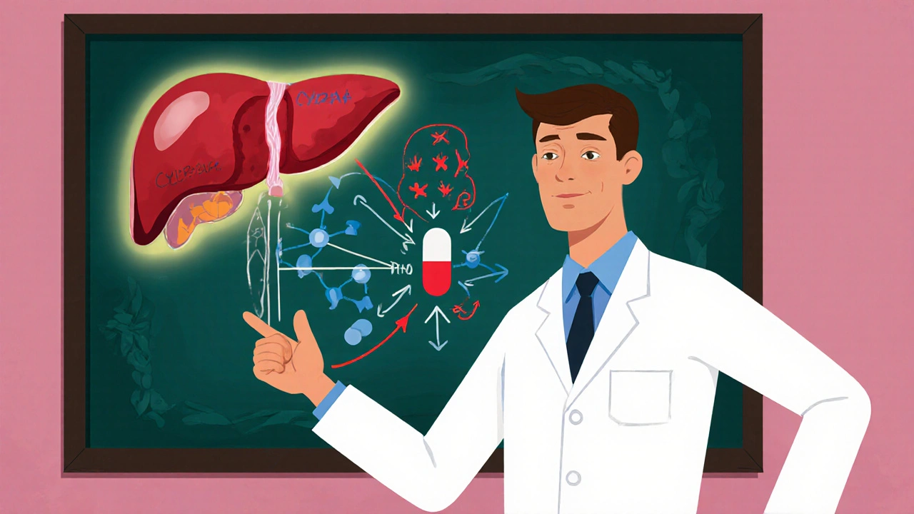 Doctor explains rifampin's effect on hormone metabolism using a liver diagram.