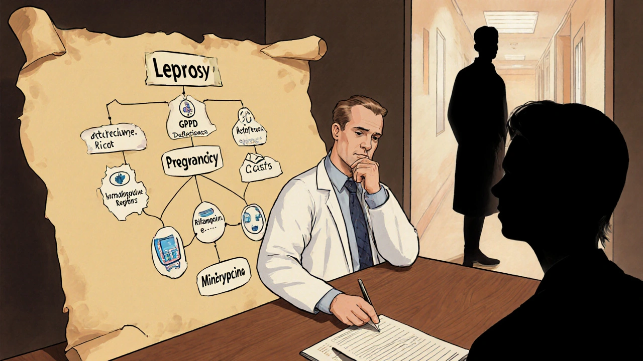 Doctor reviewing a decision tree linking disease factors to alternative drugs.