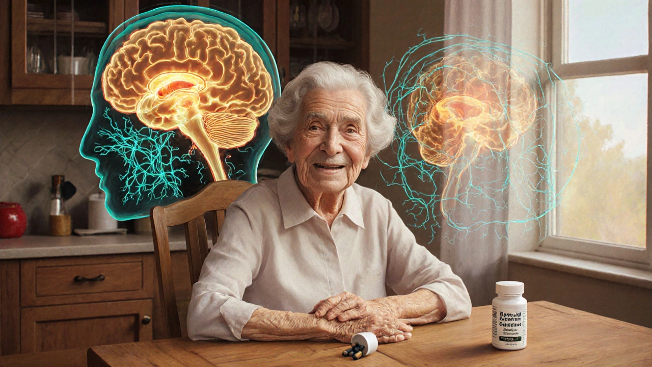 Elderly woman with bright mitochondria inside brain cells, indicating ALC mood boost.