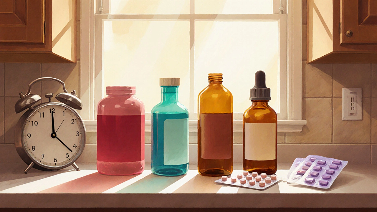 Five different colored pill bottles arranged on a sunny kitchen counter with a clock showing onset times.