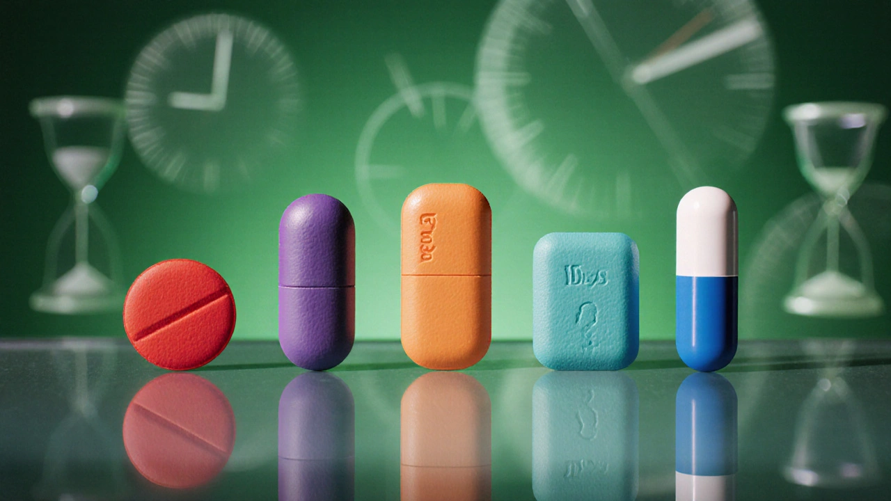 Five different ED pills arranged on a glass table with subtle clock and hourglass symbols.
