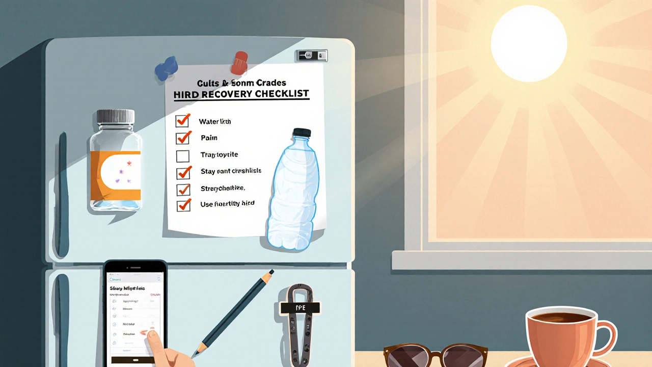 Flat‑lay of a recovery checklist on fridge with medication, water bottle, knee brace, and mindfulness app.
