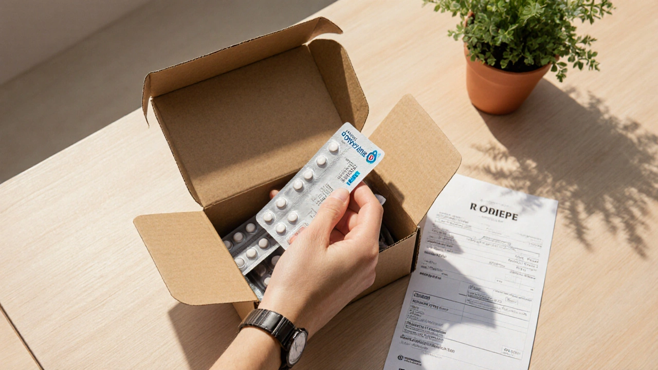 Flat‑lay of package, prescription, and doxycycline tablets on a wooden table.