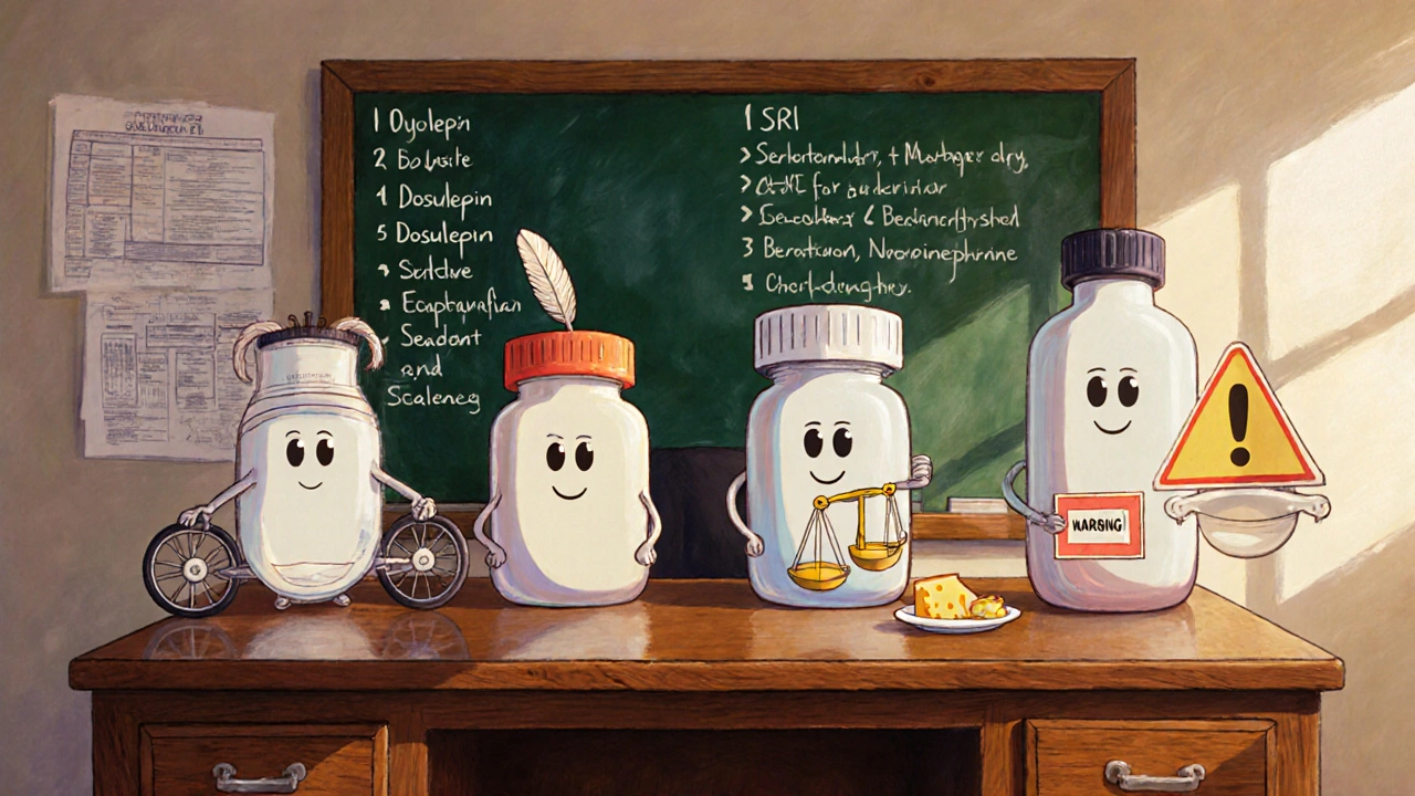 Four pill bottles personify antidepressant classes, each with distinct symbols, in a doctor’s office.