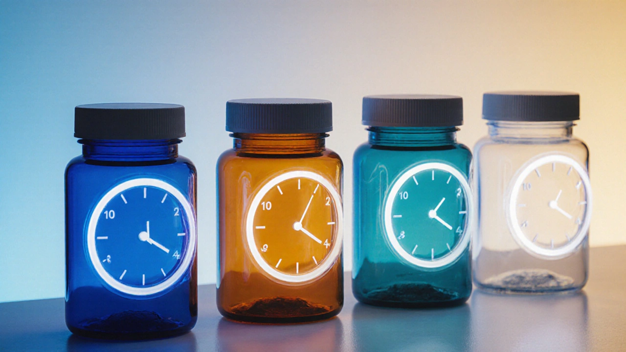 Four pill bottles with colored rim lights and faint clock overlays on a white counter.