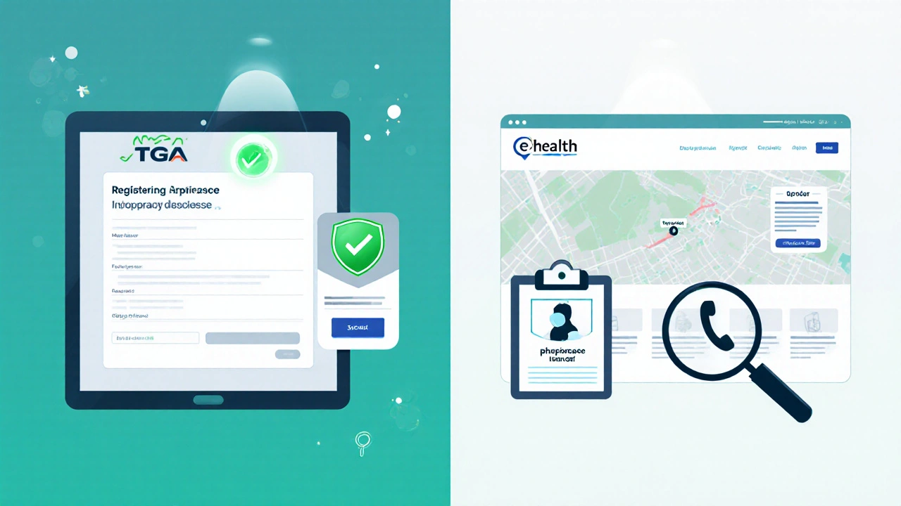 Illustration comparing TGA registration portal and pharmacy website verification.