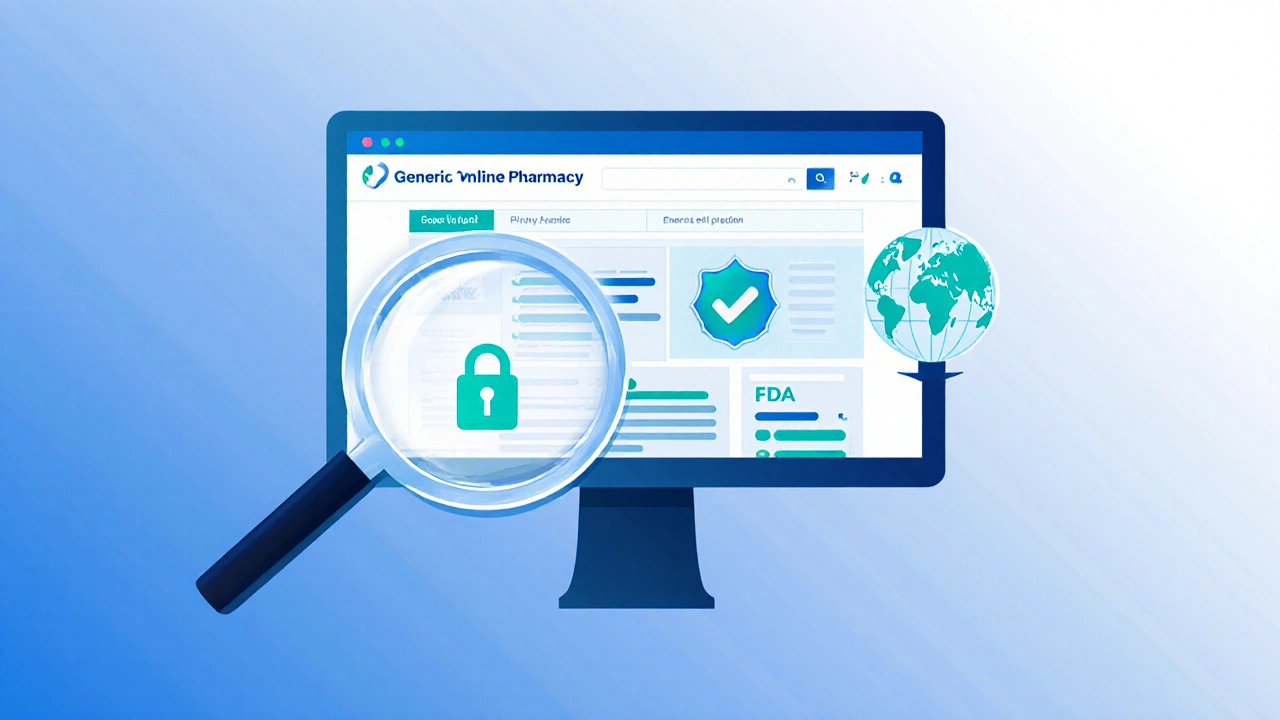 Illustration of a pharmacy webpage under a magnifying glass highlighting security icons.