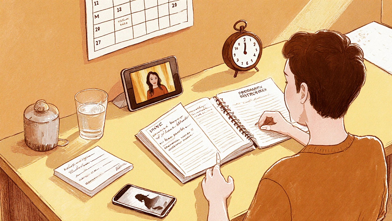 Individual reviewing test instructions, journal entry, and phone call in a sunny kitchen.