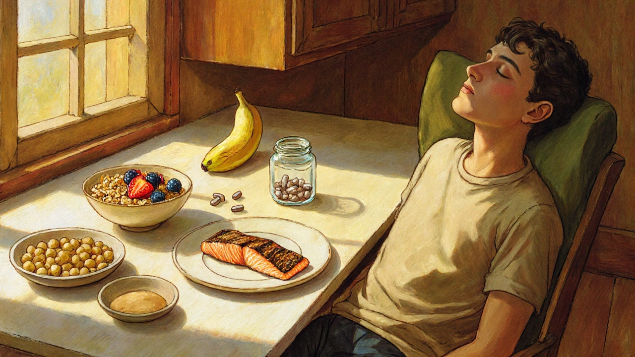 Kitchen view with banana, chickpeas, salmon, cereal and a pyridoxine pill, showing a calm daily routine.