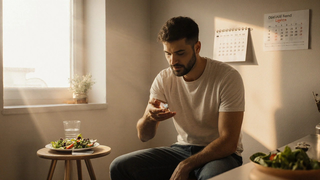 Man holding a Levitra tablet, bathed in kitchen sunlight with a salad and weekend calendar nearby.