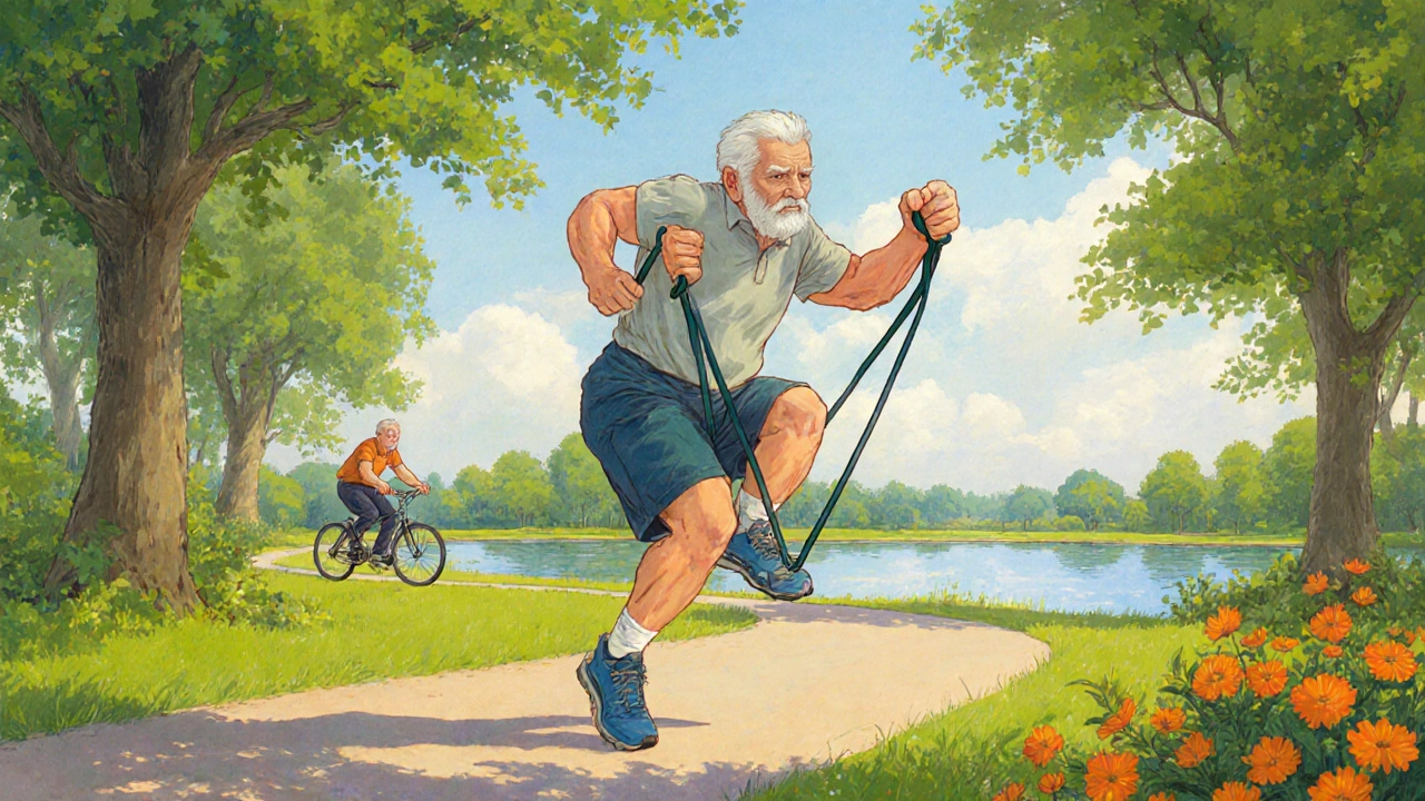 Mature person walking and using a resistance band in a park.
