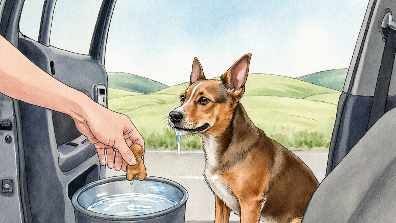 Owner opens car window, offers water and ginger chew to a relaxed terrier during a roadside stop.