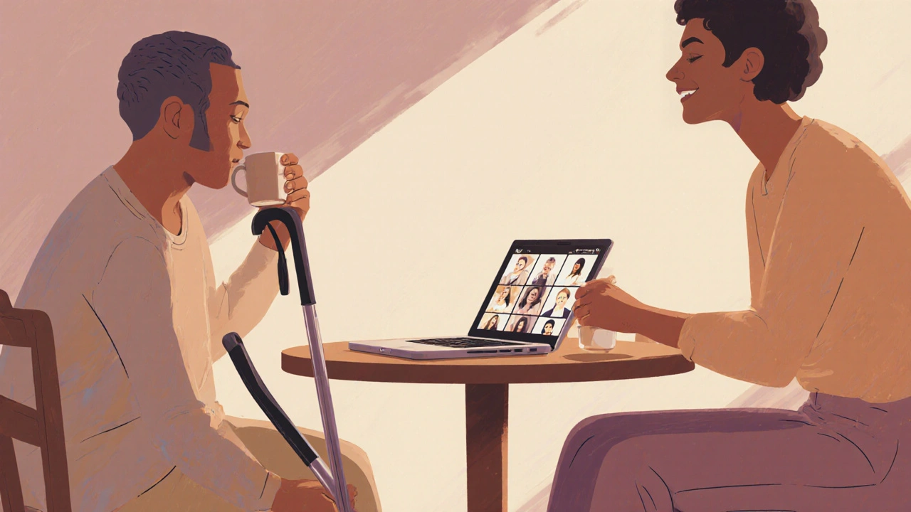Recovering person with a walking stick having coffee with a friend, laptop showing video call.