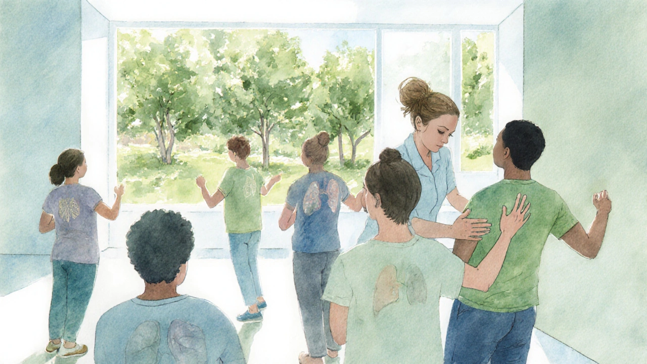Rehabilitation class practicing breathing in a studio, view of a garden outside the window.