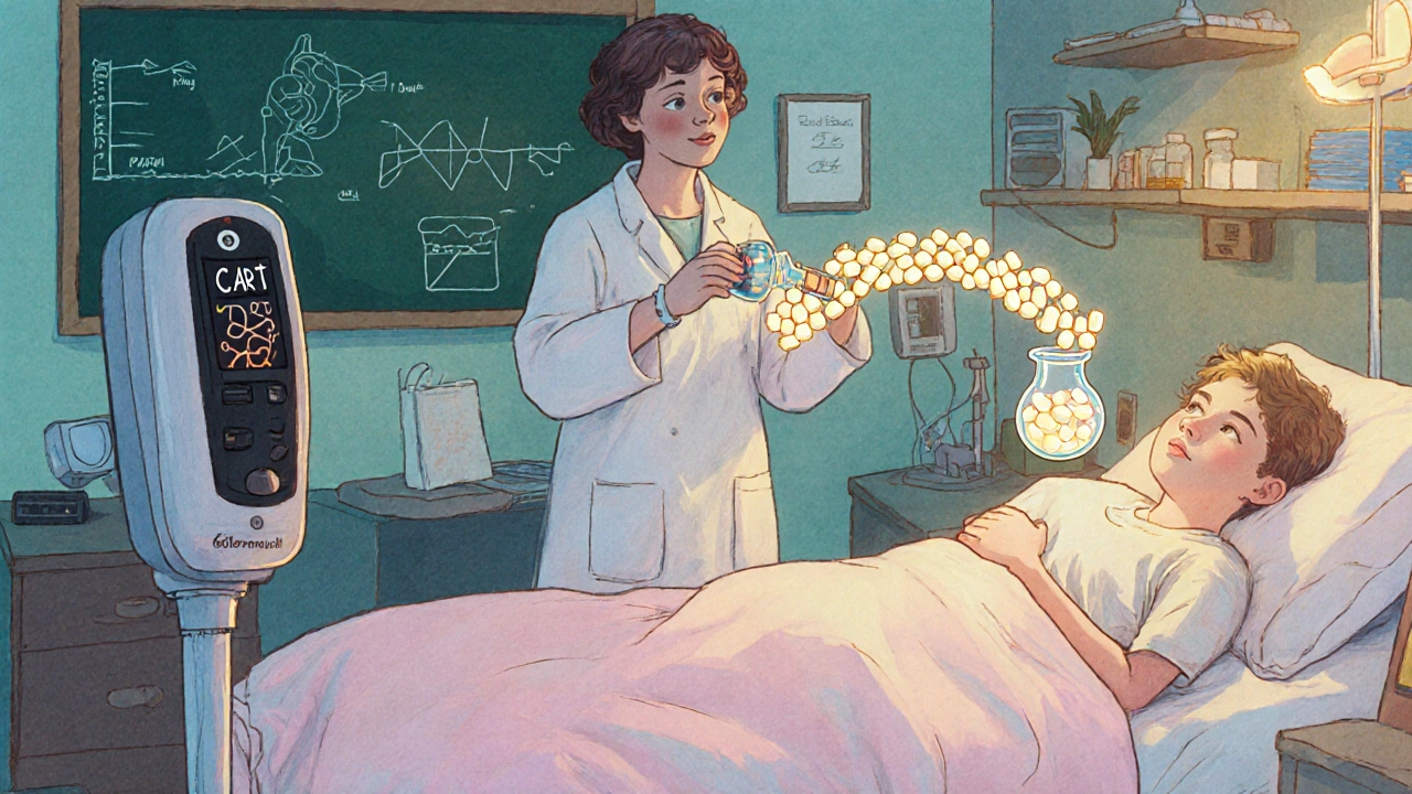 Researchers combine chlorambucil with CAR‑T therapy in a hopeful lab scene.