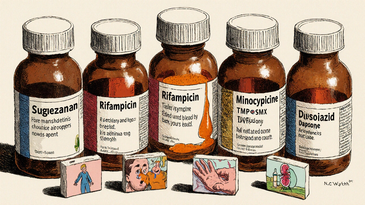 Six medicine bottles with mini scenes showing each drug's main side effects.