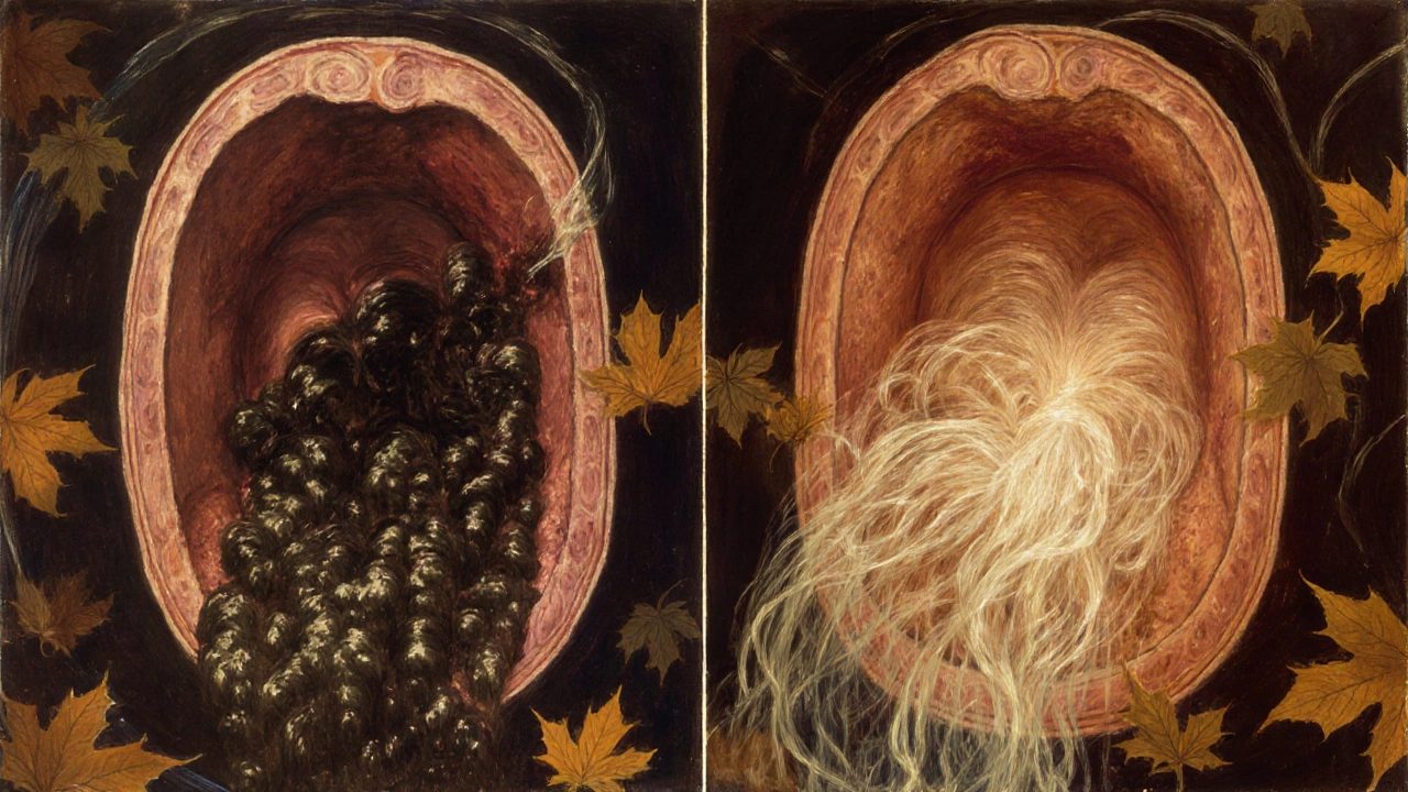 Split illustration of clogged vs. cleared airways, with glowing mucus being swept away by invisible cilia.