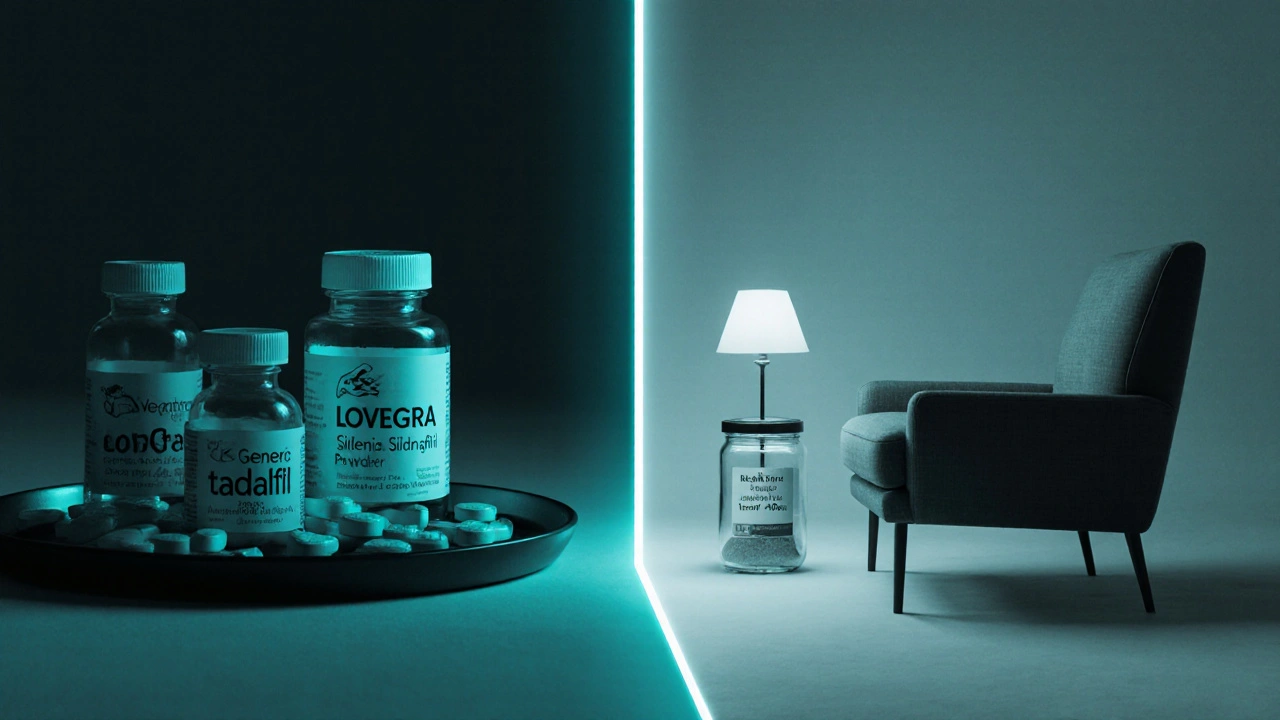 Split view of medication bottles, L‑Arginine supplement, and therapist couch.