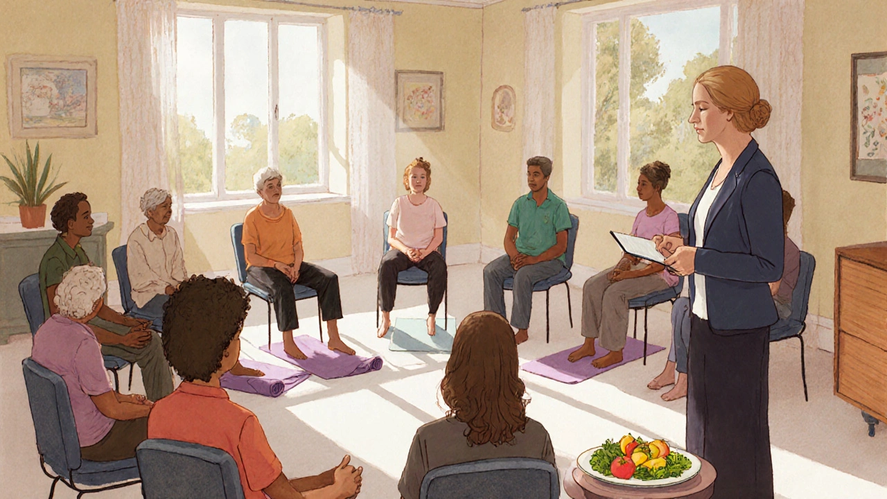 Support group circle with counselor, yoga mats, and healthy food in a bright room.