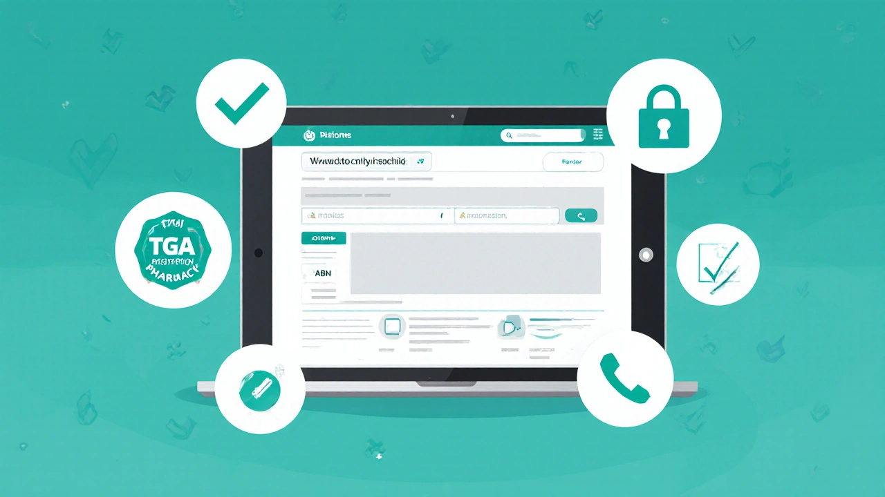 Tablet showing an online pharmacy page with trust icons like TGA badge and padlock.