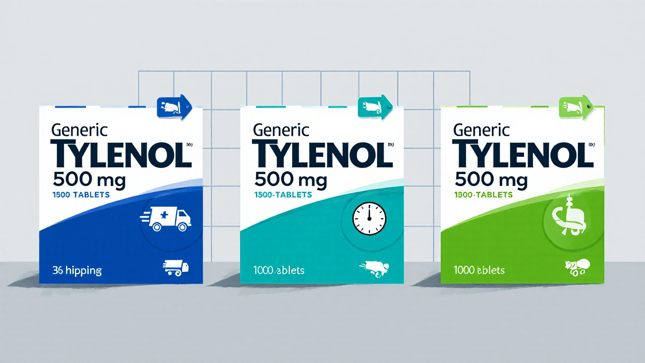 Three generic Tylenol packs with price and shipping icons displayed beside them.