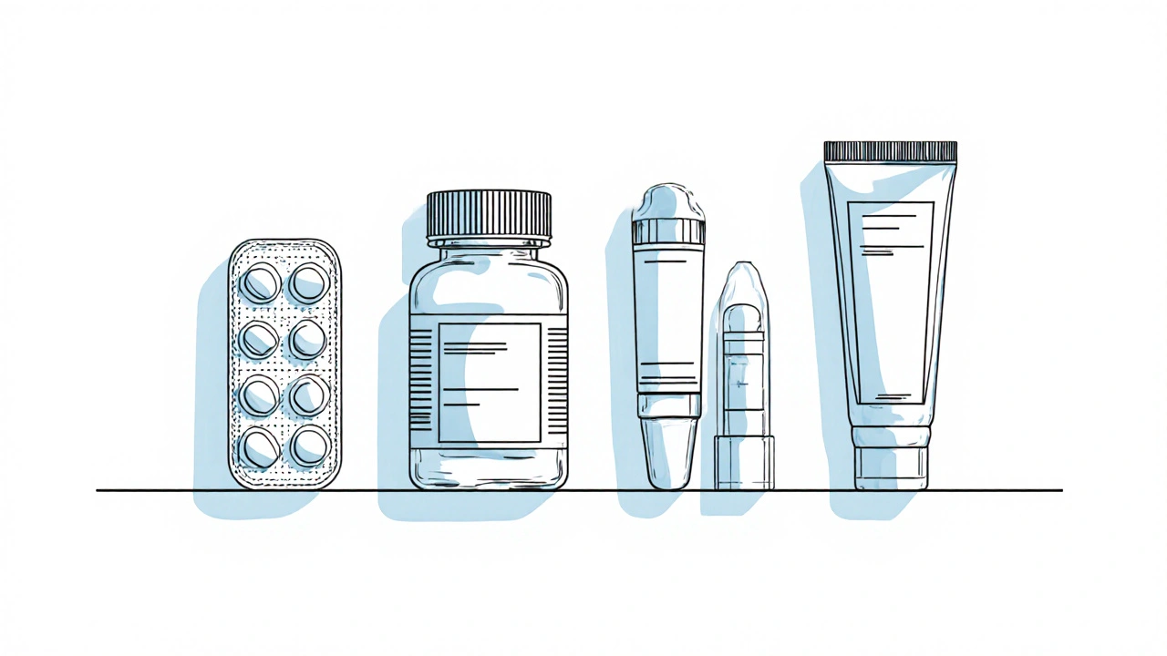 Various HRT delivery forms (patch, pills, gel, cream) displayed with blue accents.