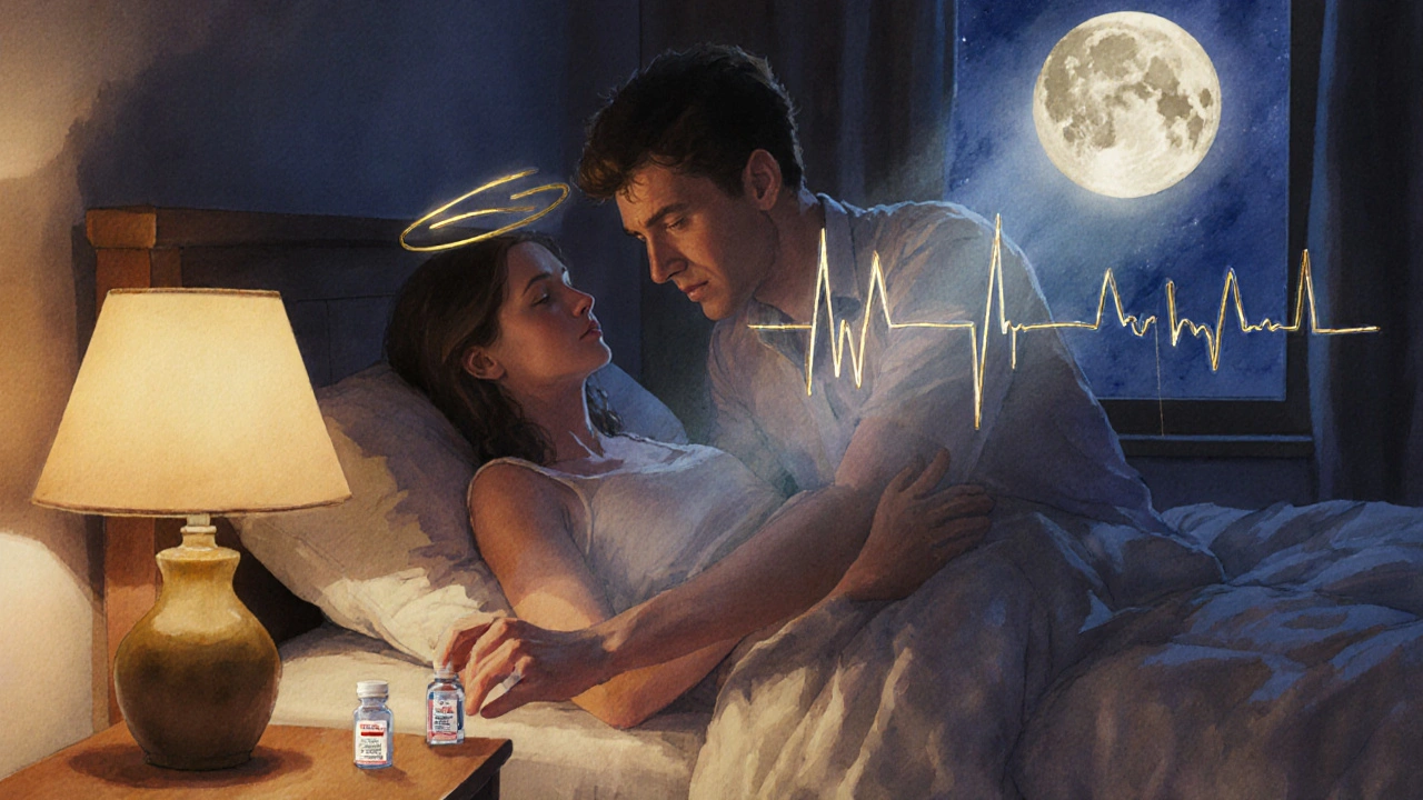 Warm illustration of a couple in a bedroom, the man reaching for a pill bottle beside a nightstand.