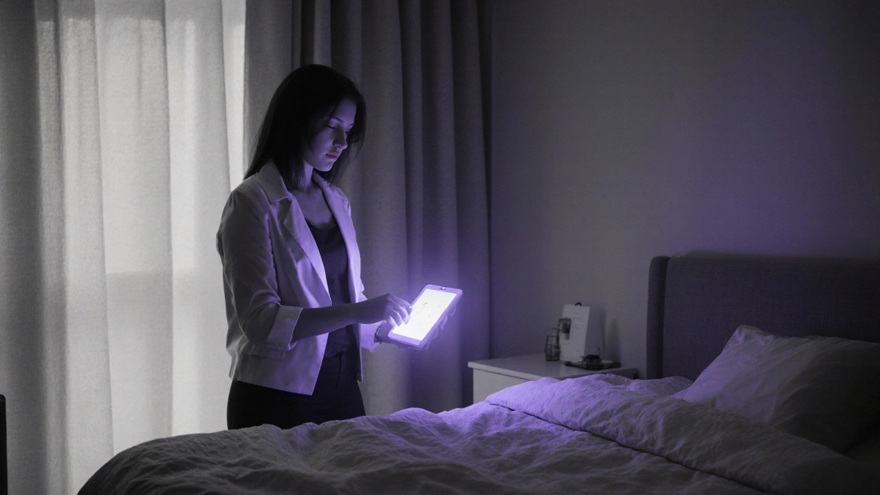 Woman holding Lovegra tablet with a lavender accent in bedroom.