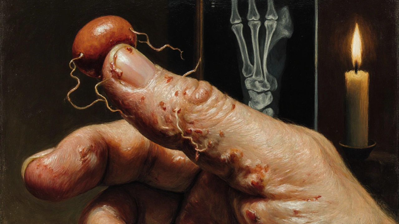 A close-up of a swollen finger and pitted nails with inflammation spreading into bone, rendered in rich oil-paint realism.