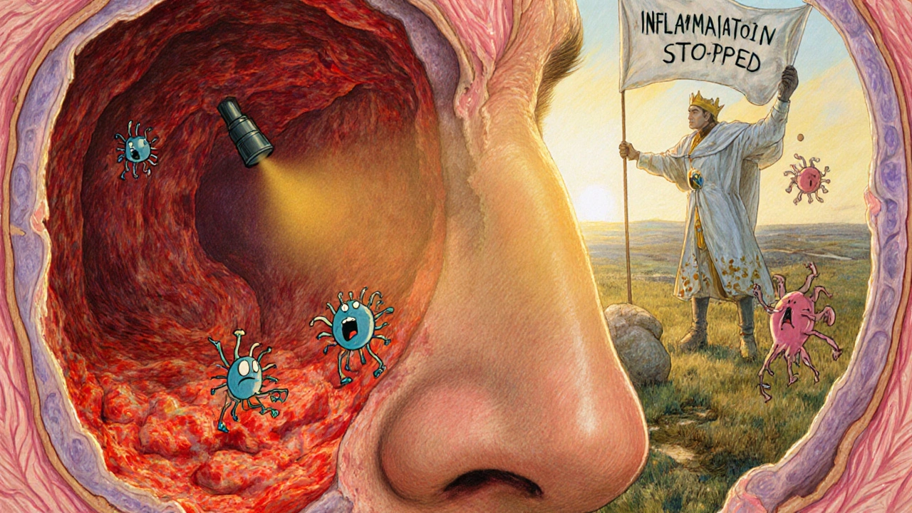 A detailed internal view of nasal passages where medicine calms inflammatory cells in a dramatic, illustrated battlefield.