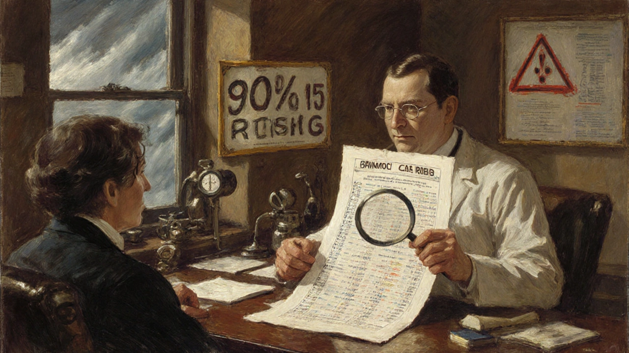 A doctor and patient examine a genetic blood test report under candlelight, with warning charts visible in the background.