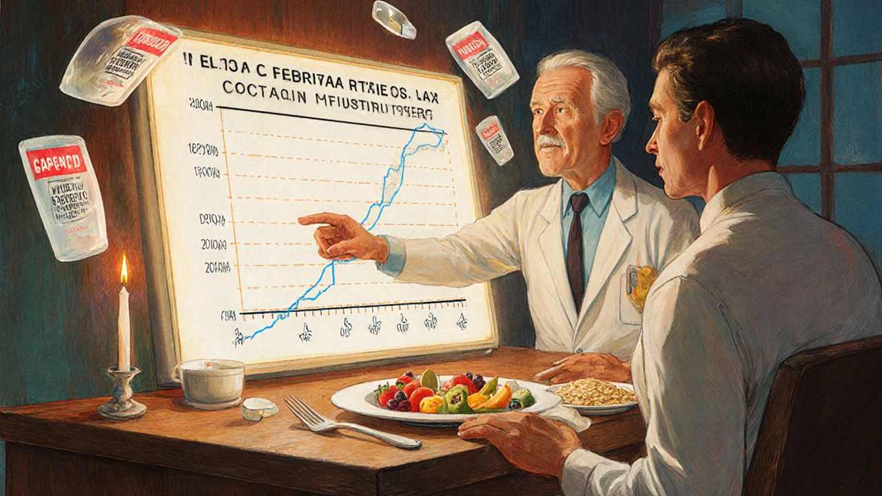 A doctor explains protein timing to a patient using a visual chart, contrasting low-protein breakfast with dinner meal.