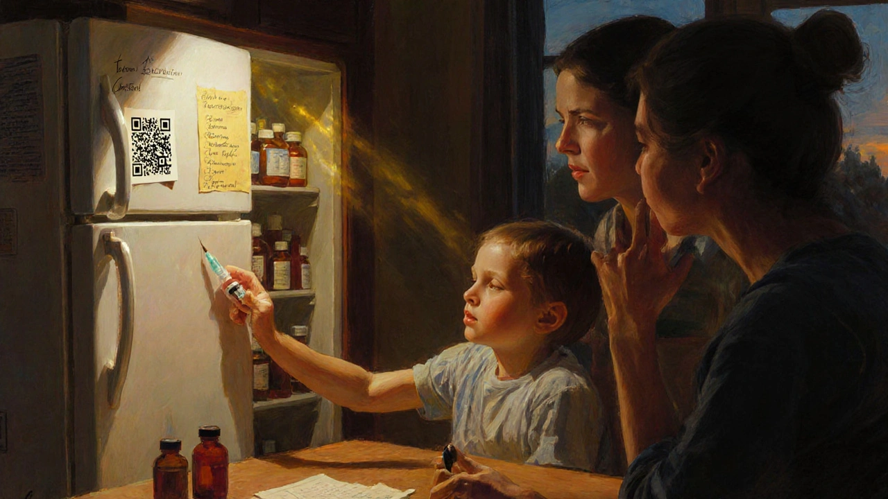 A family reviews a handwritten medication list at the kitchen table, with a glowing QR code on a prescription bottle.