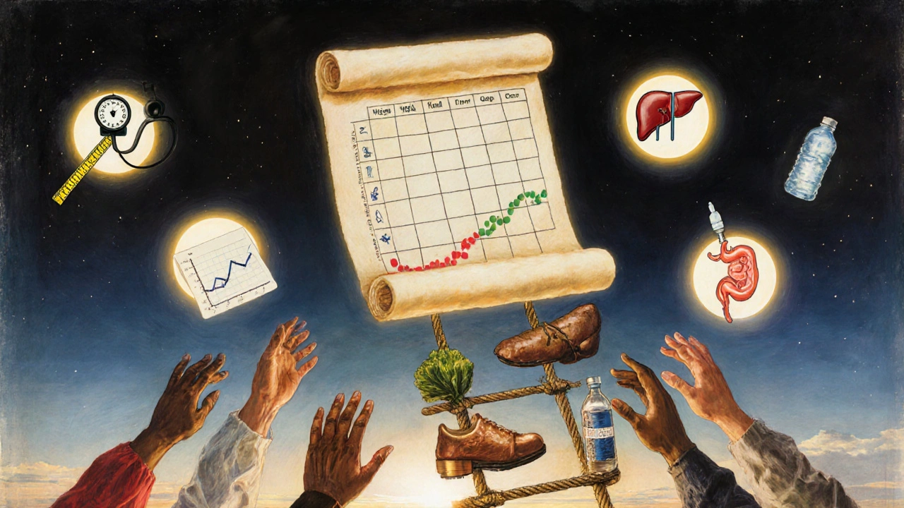 A floating medical chart with health symbols, and diverse people climbing toward wellness.