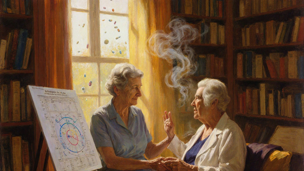 A geriatrician guiding an older woman through a sleep therapy session in a sunlit room.