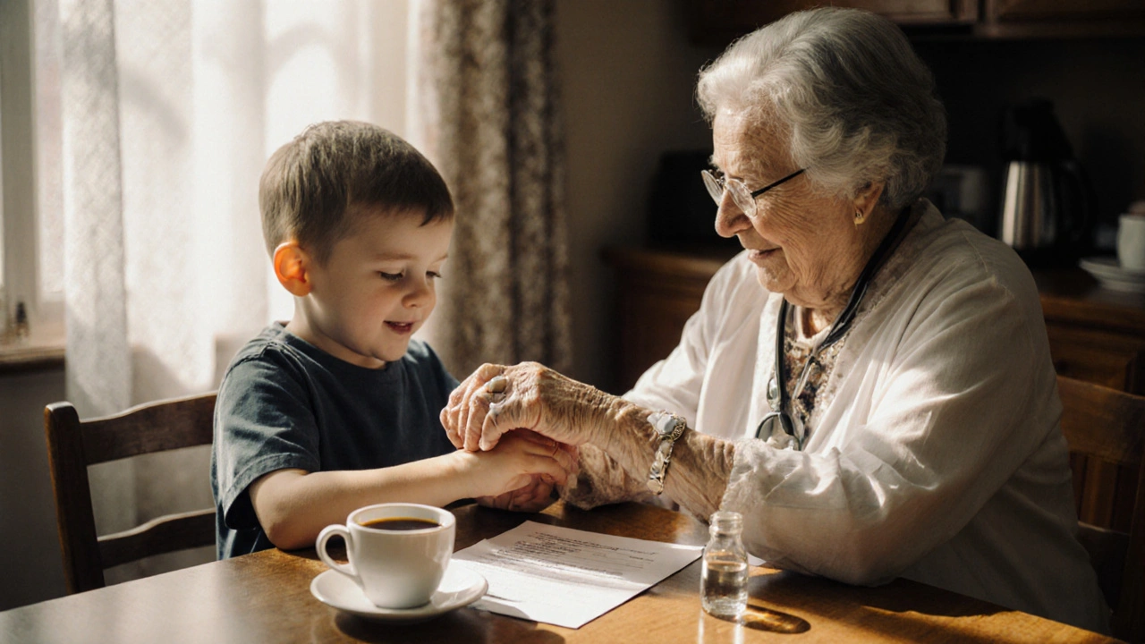 A grandmother applies medicated cream to her wrist while a child drinks liquid medicine at breakfast, bathed in morning light.
