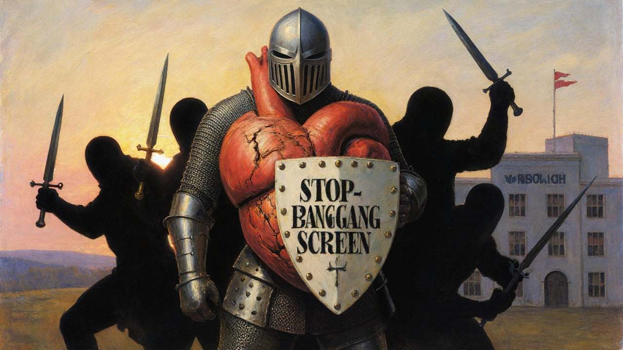 A knight-heart battles shadowy apnea monsters, shielded by a STOP-Bang screen, as dawn breaks behind him.