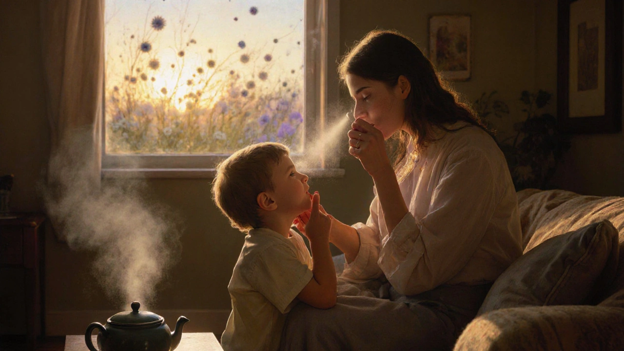 A mother applying nasal spray to her child at home, steam rising, sunlight streaming in as allergy symptoms fade.
