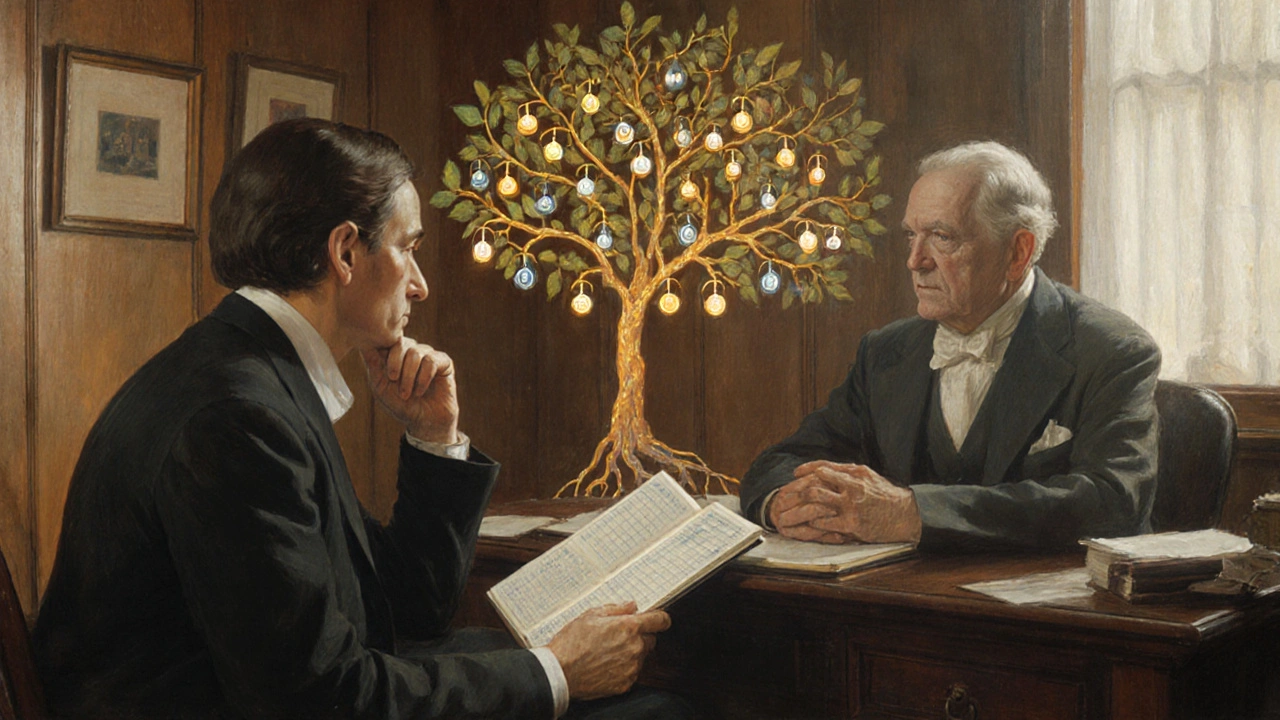 A patient and doctor discussing medication side effects, with a branching chart of drugs behind them.